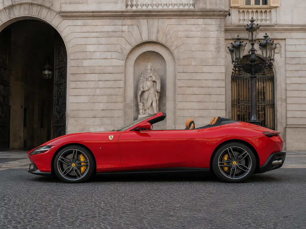 Ferrari Roma Spider 2024, exterior — Monaco Luxury Car Rental, Monaco. Ferrari Roma Spider in Monaco A Ferrari Roma Spider rental in Monaco pairs open-top…
