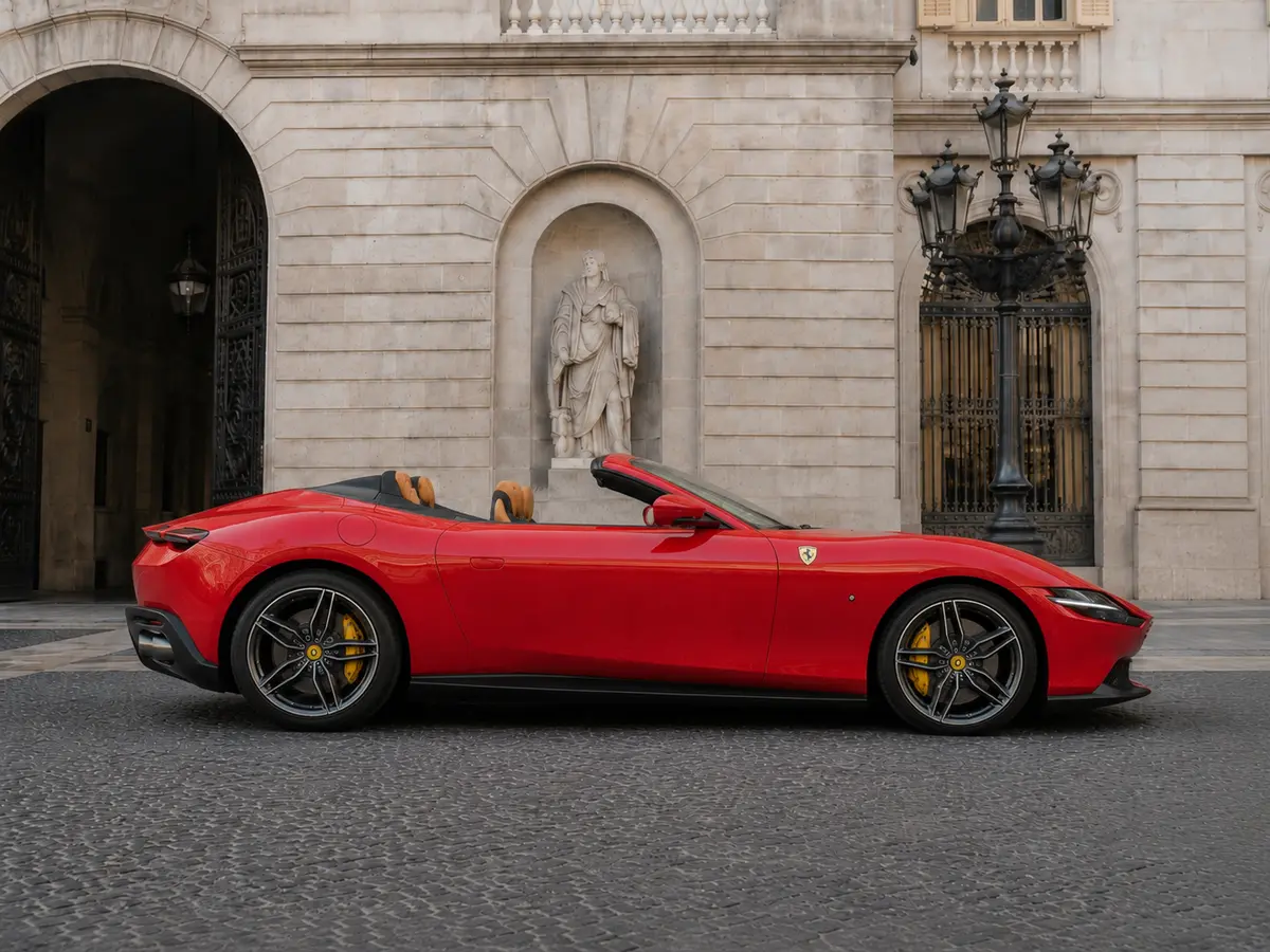 Ferrari Roma Spider 2024, front view — Monaco Luxury Car Rental, Monaco. Ferrari Roma Spider in Monaco A Ferrari Roma Spider rental in Monaco pairs open-top…