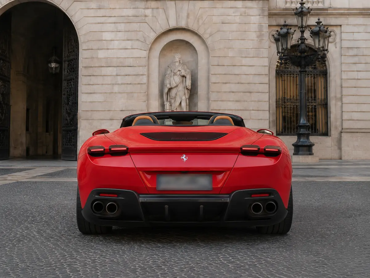 Ferrari Roma Spider 2024, rear view — Monaco Luxury Car Rental, Monaco. Ferrari Roma Spider in Monaco A Ferrari Roma Spider rental in Monaco pairs open-top…